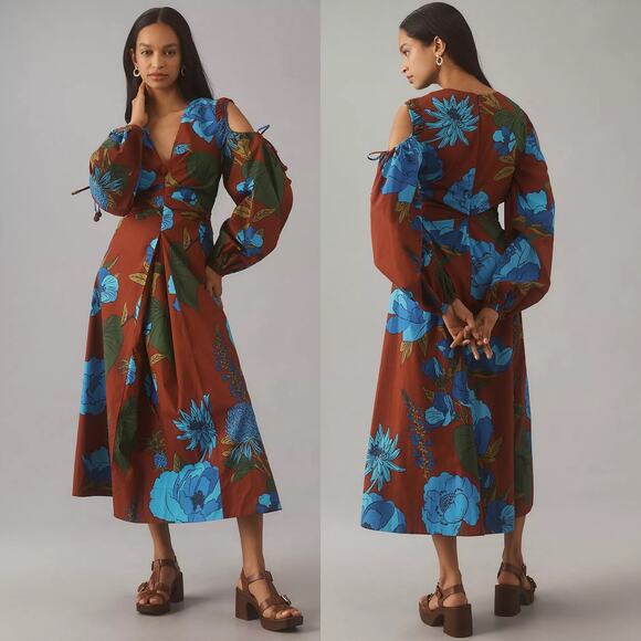 NWT Anthropologie Farm Rio Long Sleeve Floral V Neck Cut Out Midi Dress XXS - Picture 1 of 16